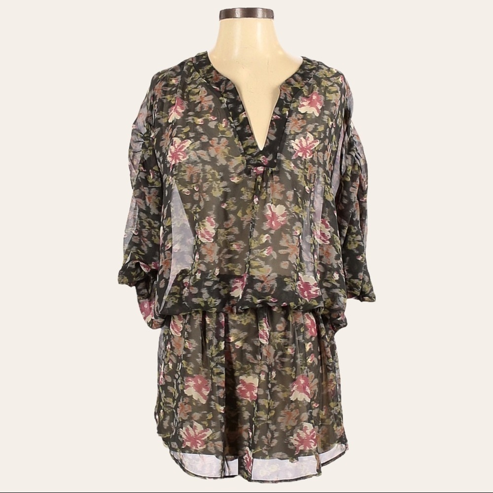 🌺 Patterson J. Kincaid Floral Abstract Print Sheer Tunic Dress V- Neck Top S